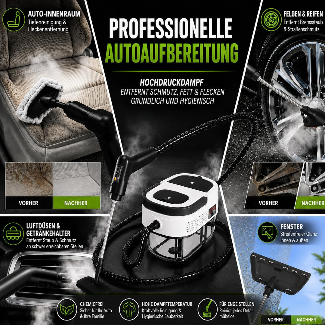 Dampfreiniger Handgerät, 2500W Handdampfreiniger mit 1,6-Liter-Wassertank, 15 Sekunden Aufheizzeit,