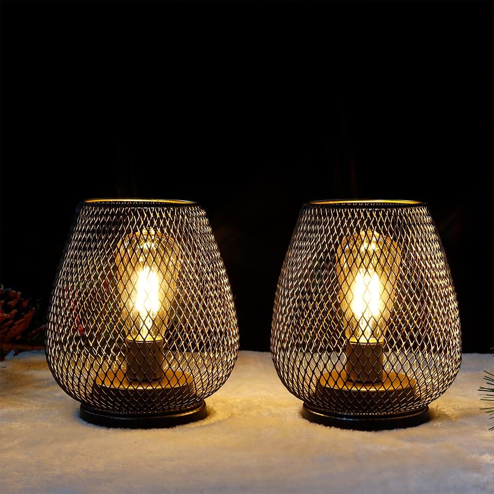 TRIROCKS Set von 2 Metall Batteriebetriebene Lampe 17cm hohe Metallkäfigform Kabellose Tischlampe Ba
