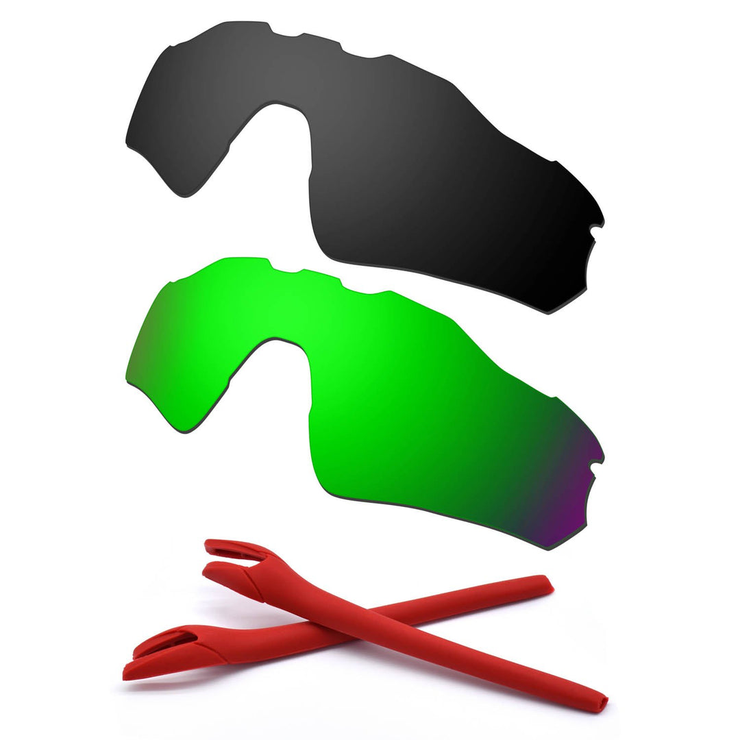 HKUCO For Oakley Radar EV Path Black/Green Polarized Replacement Lenses And Red Earsocks Rubber Kit
