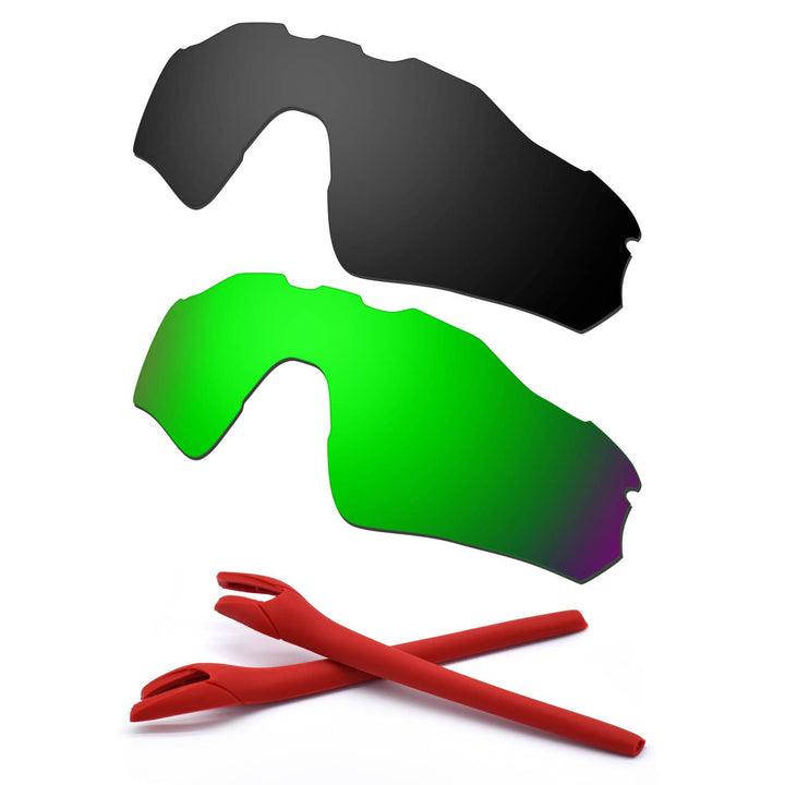 HKUCO For Oakley Radar EV Path Black/Green Polarized Replacement Lenses And Red Earsocks Rubber Kit