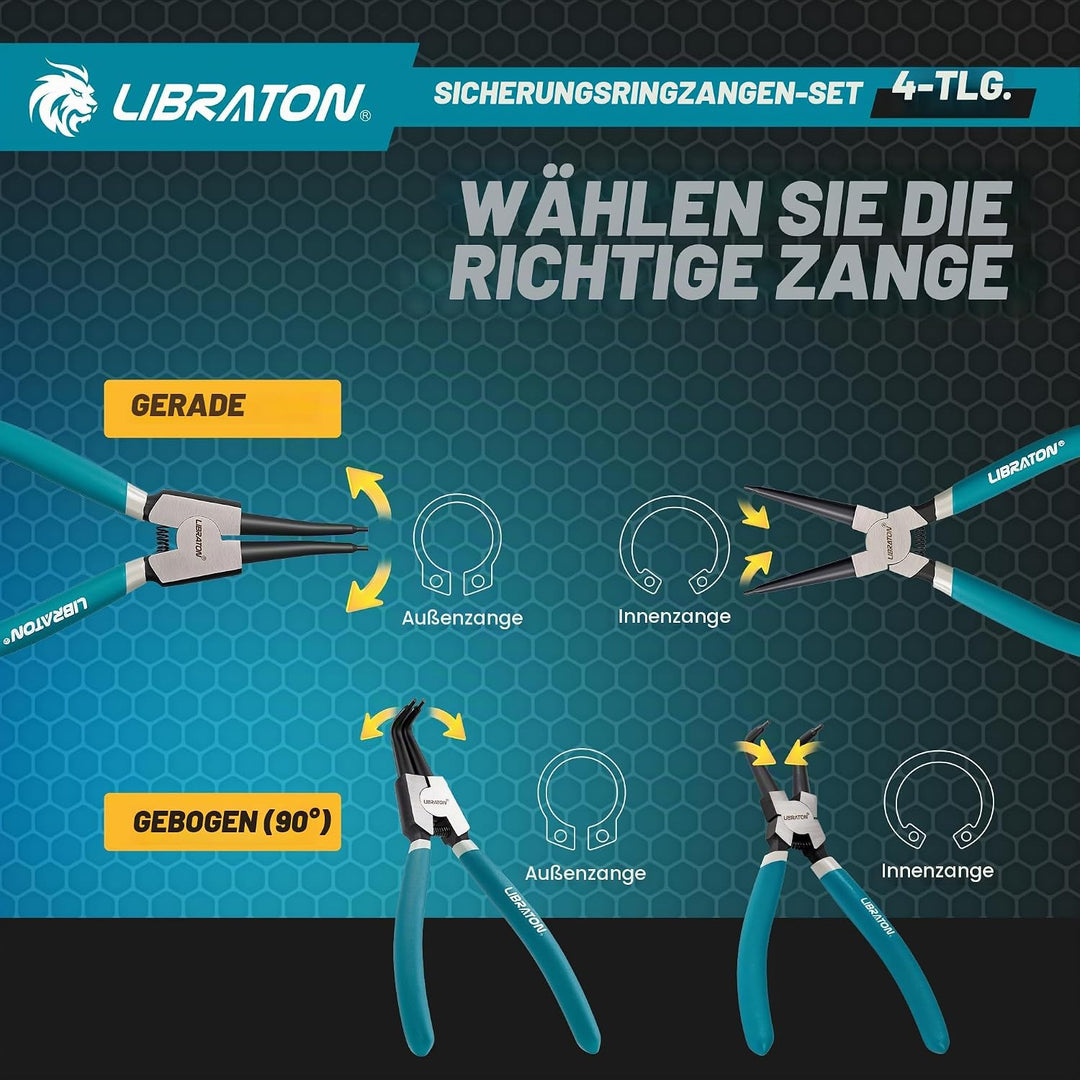 LIBRATON Sprengringzangen Set, 180mm Sicherungsringzangen, Gerade Interne und Externe Seegeringzange