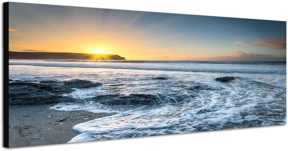 Paul Sinus Art Panoramabild auf Leinwand und Keilrahmen 150x50cm Cornwall Strand Meer Sonnenuntergan
