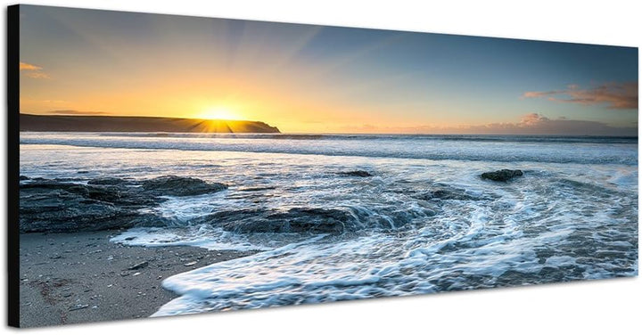 Paul Sinus Art Panoramabild auf Leinwand und Keilrahmen 150x50cm Cornwall Strand Meer Sonnenuntergan