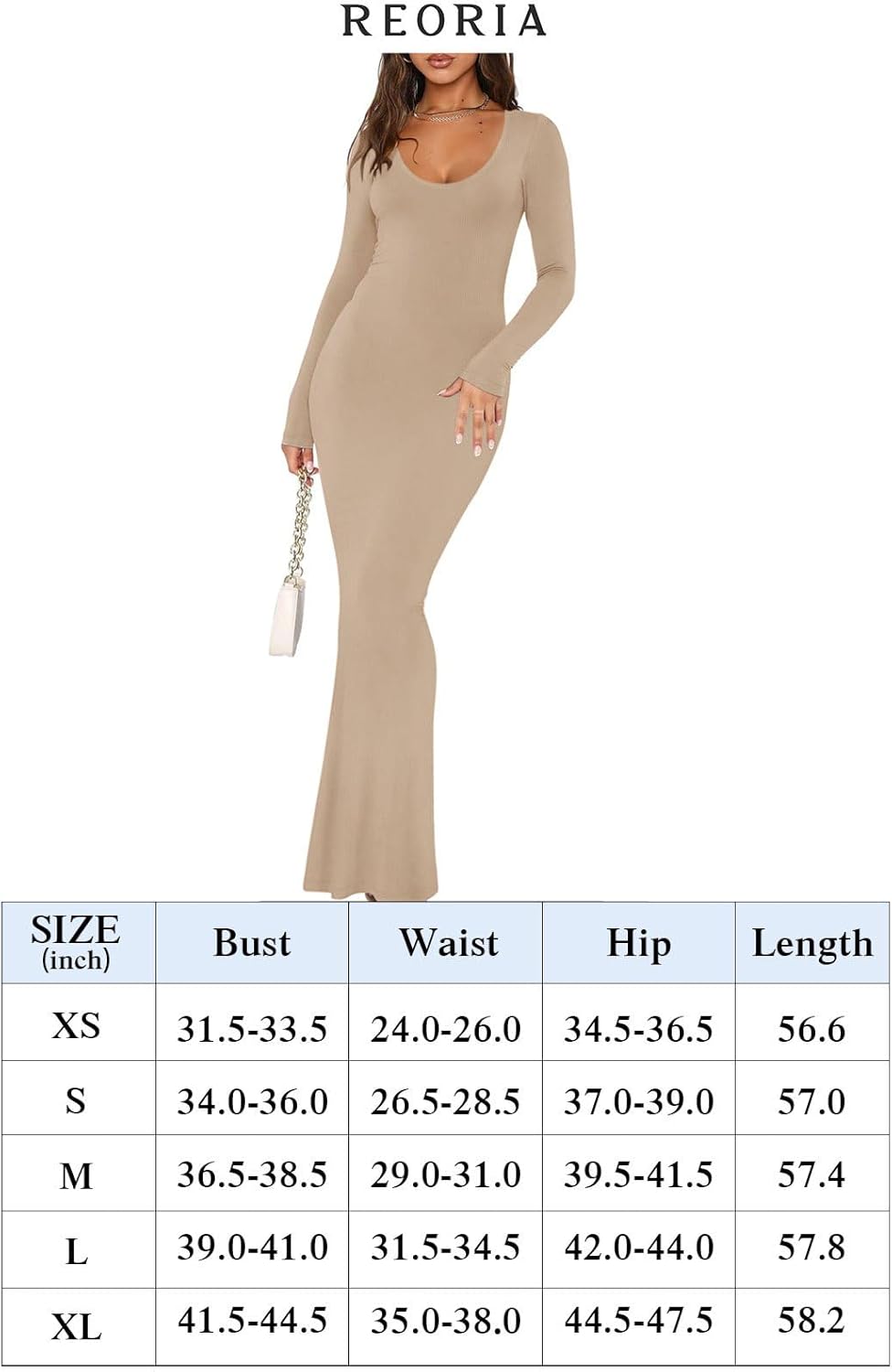 REORIA Damen Sexy U-Ausschnitt Langarm Lounge Langes Kleid Gerippte figurbetonte Maxikleider M 01_sc