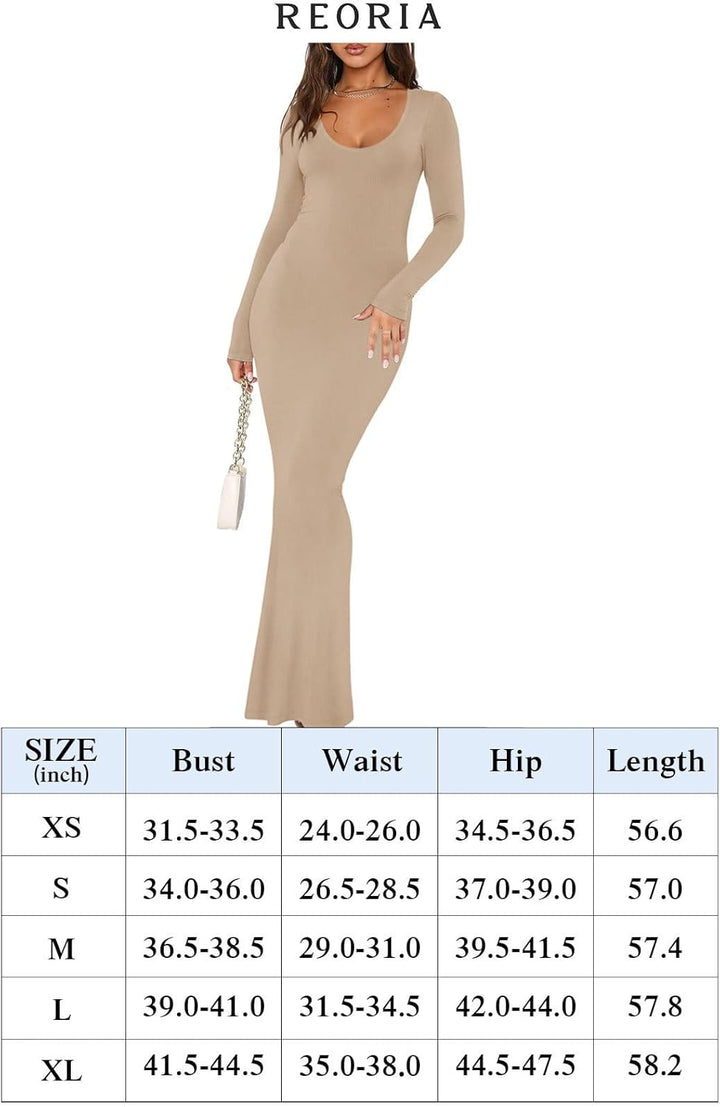 REORIA Damen Sexy U-Ausschnitt Langarm Lounge Langes Kleid Gerippte figurbetonte Maxikleider M 01_sc