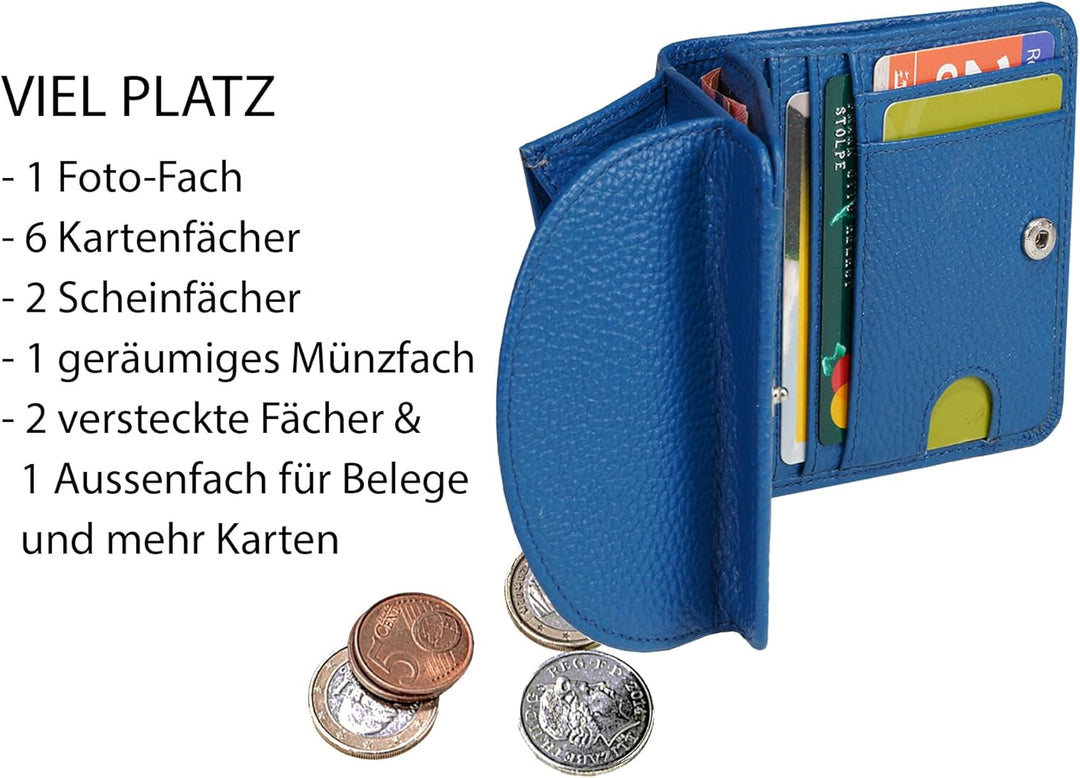 Portmonee Damen klein kompakt, Reise Geldbörse, viele Fächer, Leder blau, RFID Blocker, Münzfach | W