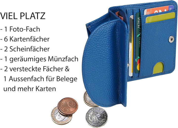 Portmonee Damen klein kompakt, Reise Geldbörse, viele Fächer, Leder blau, RFID Blocker, Münzfach | W