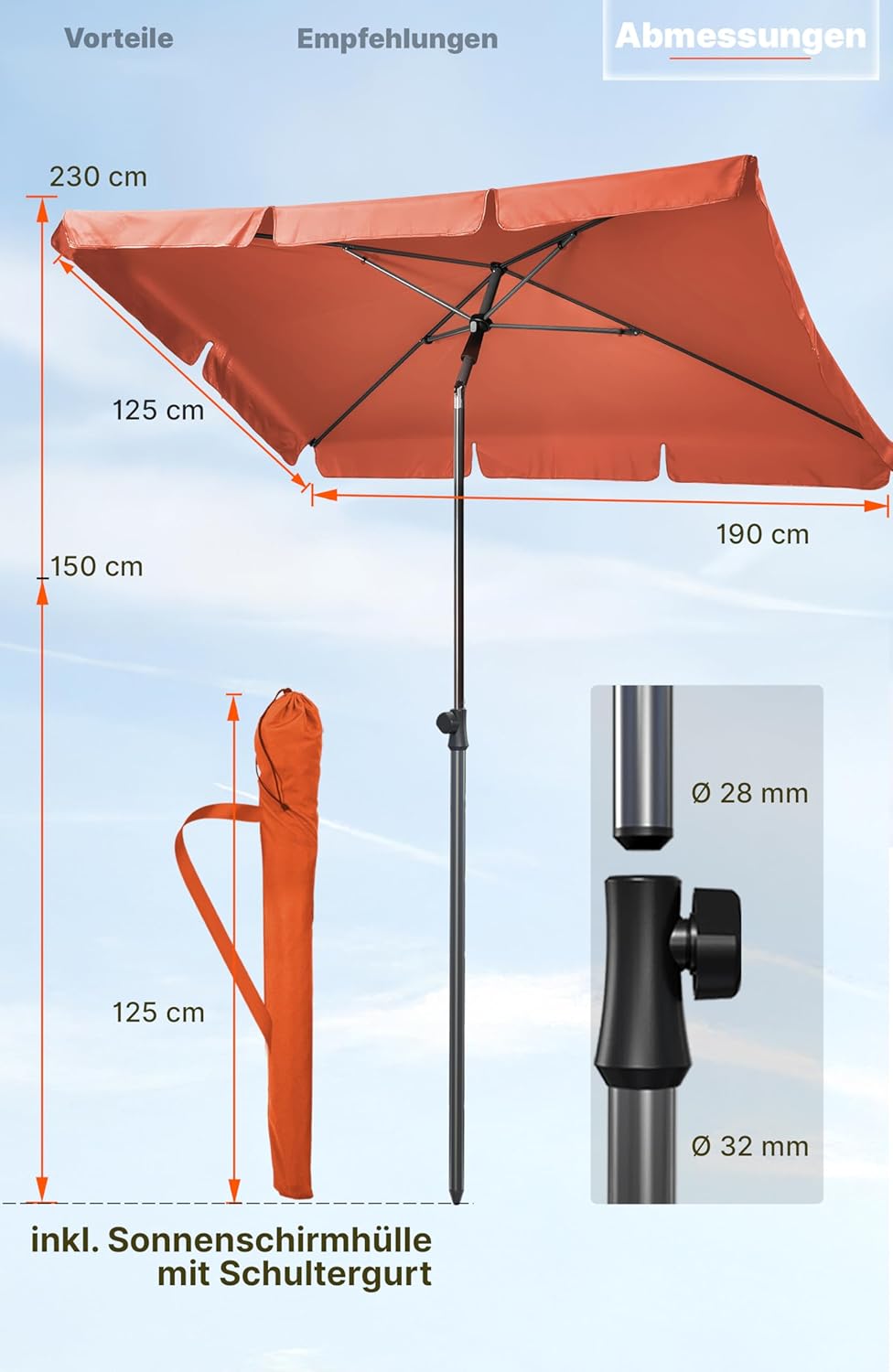 4smile Sonnenschirm Balkon 200 × 125 cm, Sonnenschirm rechteckig mit UPF 50+, 45° knickbar & höhenve
