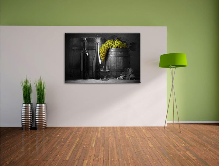 Pixxprint Fässer mit Weintrauben und Wein als Leinwandbild/Grösse: 100x70 cm/Wandbild/Kunstdruck/fer