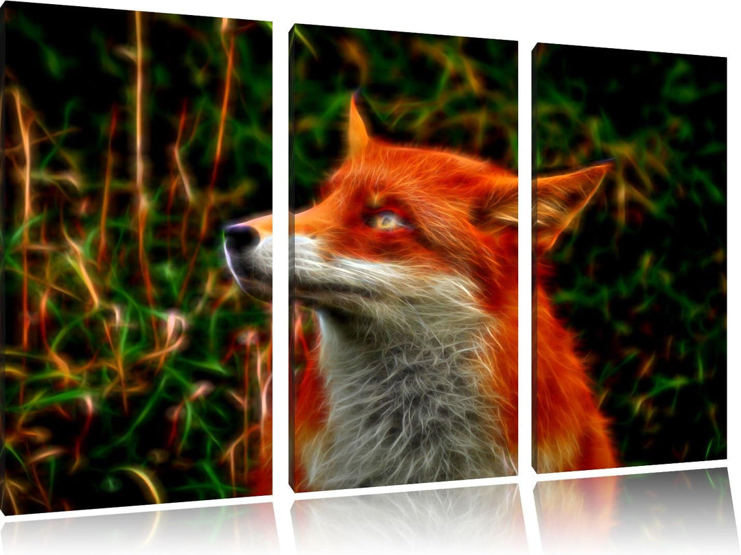 Süsser Fuchs im Wald 3 Teilig, Gesamtgrösse 120x80 cm auf Leinwand, XXL riesige Bilder fertig gerahm