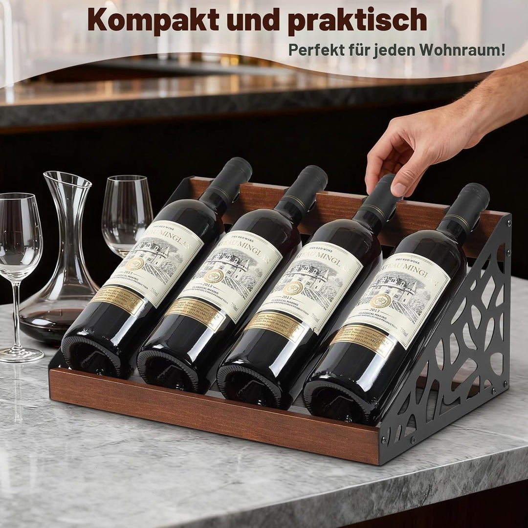 Rustikales Weinregal Holz für Tisch, Flaschenregal für 4 Flaschen, Vintage-Design, 36x24x17 cm, Wein