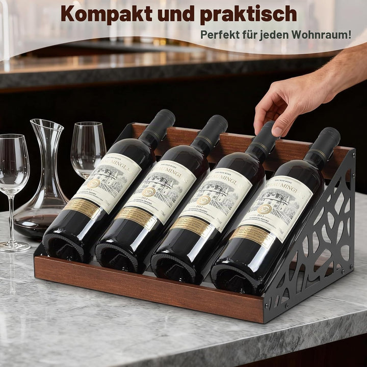 Rustikales Weinregal Holz für Tisch, Flaschenregal für 4 Flaschen, Vintage-Design, 36x24x17 cm, Wein