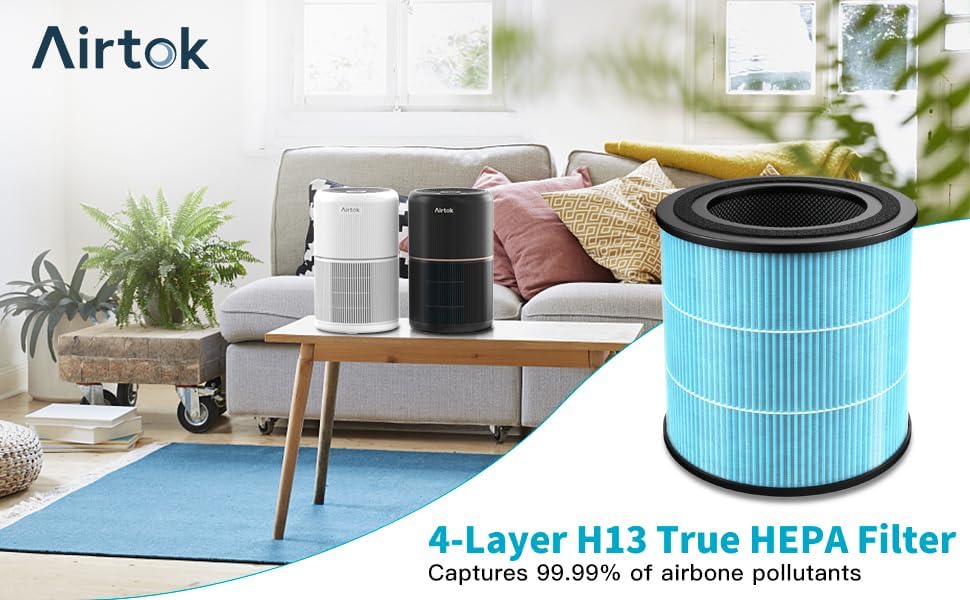 AIRTOK HEPA Luftfilter von Schimmel Staub Pollen Gerüche Haustierschuppen, 99,97% Entfernung bis 0,1