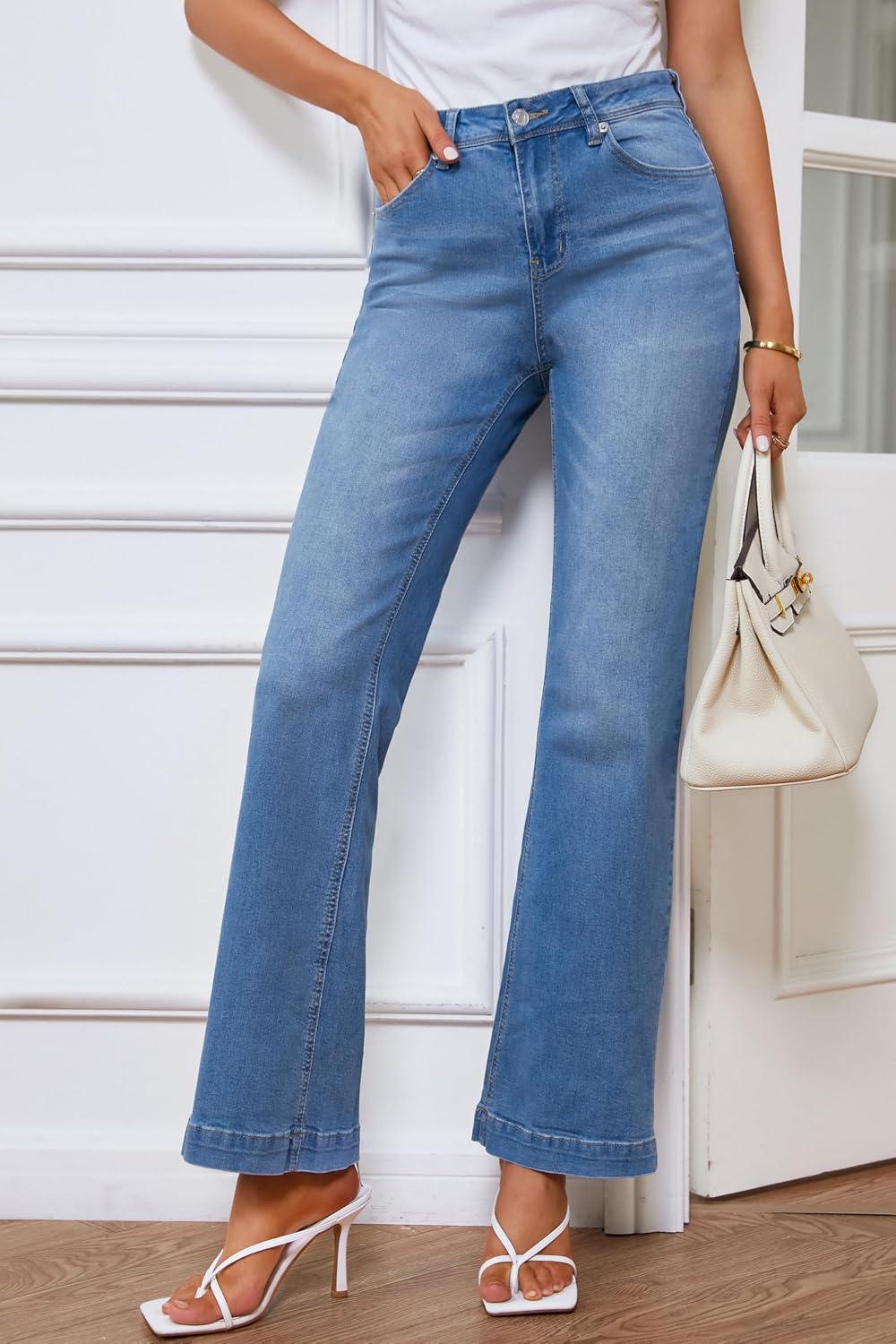 Roskiky Schlaghose Damen High Waist Wide Leg Baggy Jeans Stretch Hosen M Mittelblau, M Mittelblau