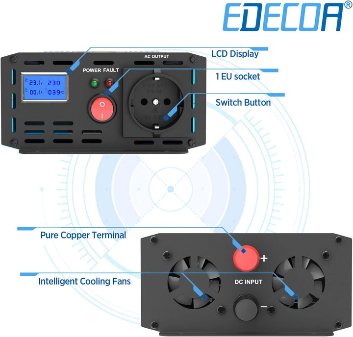 EDECOA Spannungswandler 1200w wechselrichter 24v auf 230v Spannungswandler modifizierter 24v 220 mit