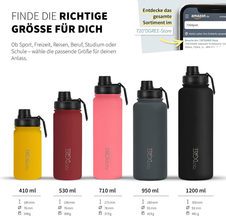 720°DGREE Edelstahl Trinkflasche “noLimit” – 1200ml - Auslaufsicher, Kohlensäure geeignet, BPA-Frei