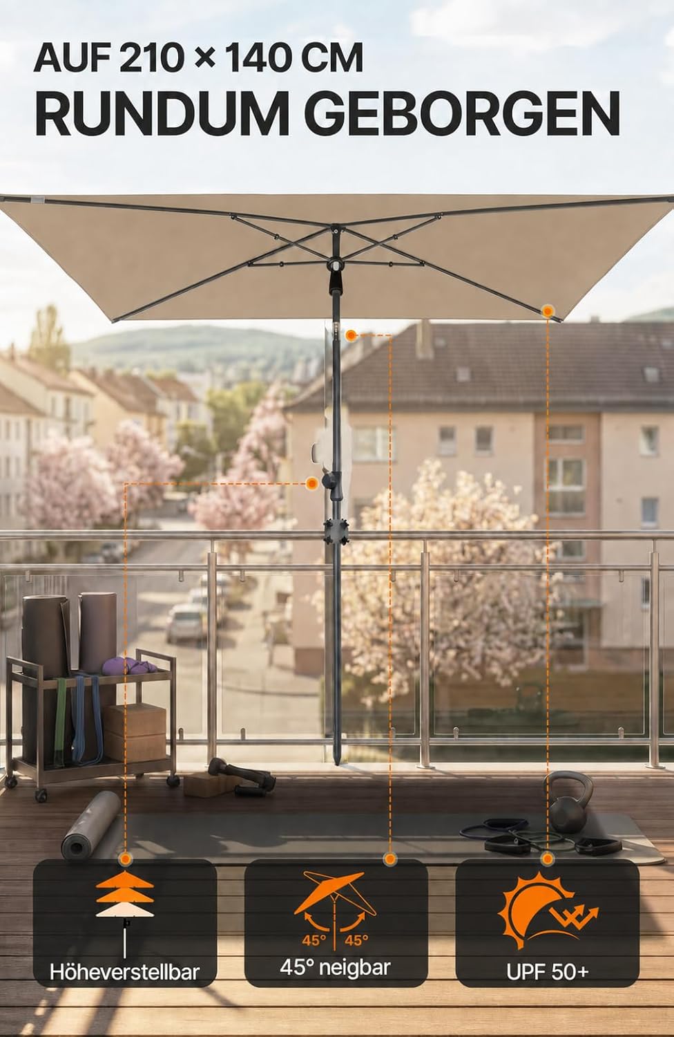 4smile SunnyShade Balkonschirm Rechteckig 210x140 cm, Sonnenschirm Balkon mit UPF 50+, Sonnenschutz