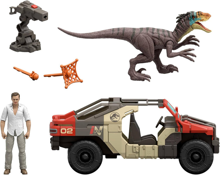 Mattel Jurassic World: Die Wiedergeburt Fahrzeug mit 1 menschlichen Figur und 1 Dinosaurier-Figur, L