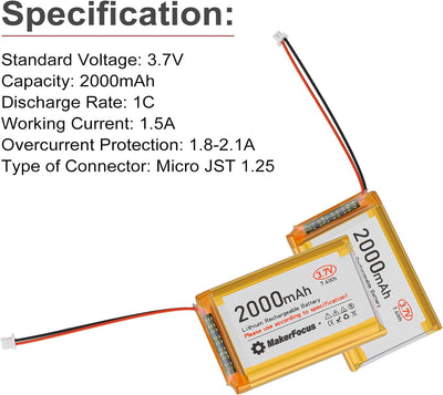 4 Stück 3,7V 2000mAh Lithium Batterie 1S 1C LiPo Akku mit Schutzplatine, Isolierband und Micro JST 1