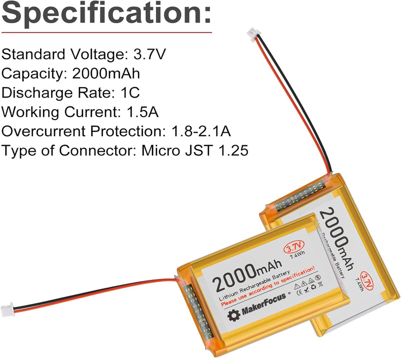 4 Stück 3,7V 2000mAh Lithium Batterie 1S 1C LiPo Akku mit Schutzplatine, Isolierband und Micro JST 1