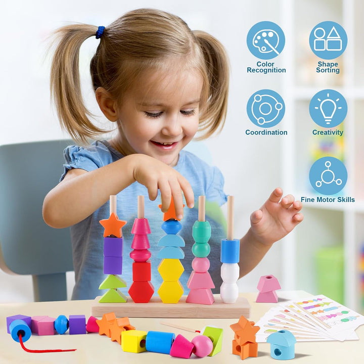 Montessori Spielzeug ab 3 4 5 Jahre, Holzspielzeug Steckspiel Fädelspiel Bausteine Sortierspiel für