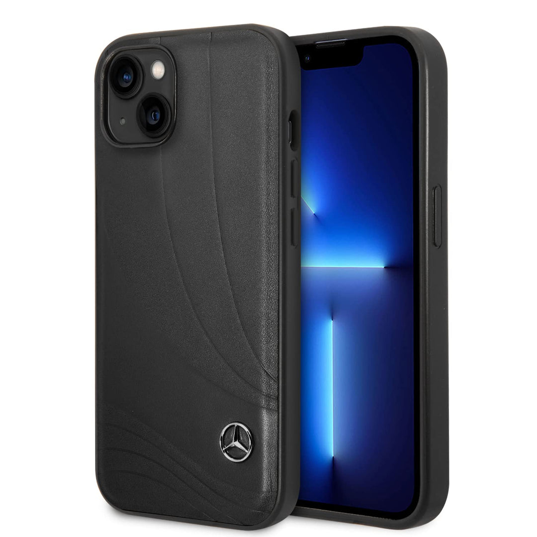 CG MOBILE Mercedes-Benz Handyhülle für iPhone 14 Plus in schwarzem Wellenmuster, Echtleder-Schutzhül