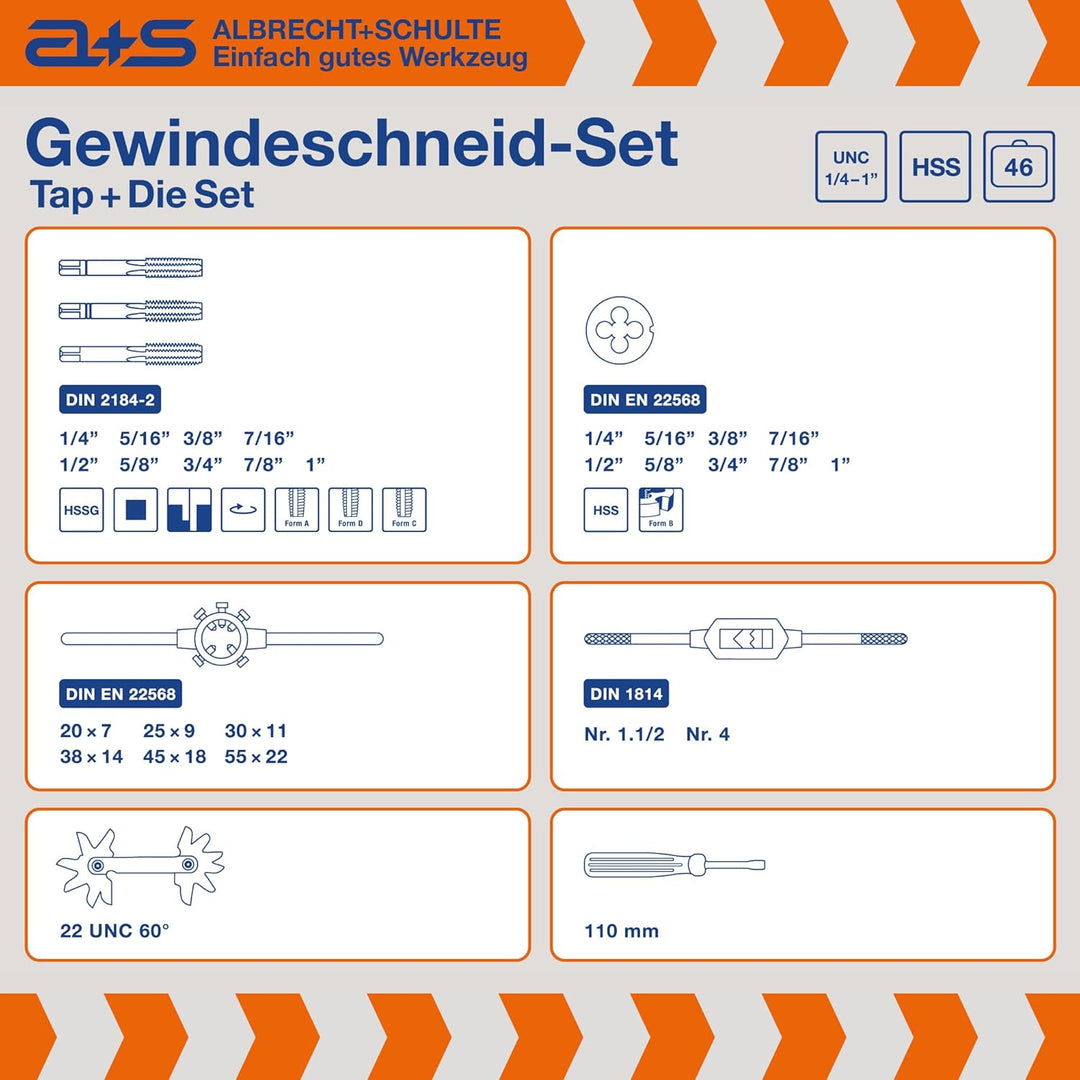 a+s UNC Gewindeschneider Set Zoll | HSS-G, 1/4''–1'', 46-teilig | Gewindebohrer, Schneideisen, Verst