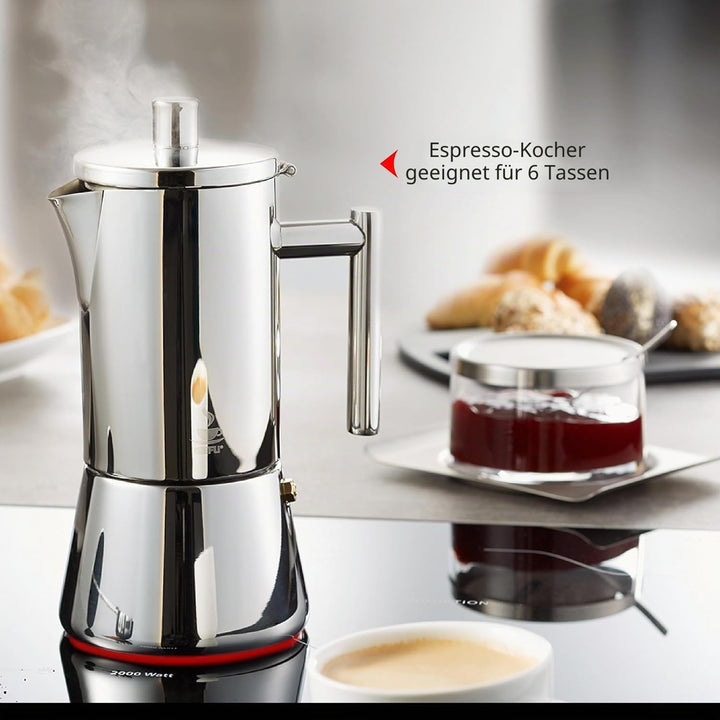 GEFU Espressokocher NANDO für 6 Tassen | Edelstahl-Kocher mit Reduziersieb, Ausgiessnase, Induktions