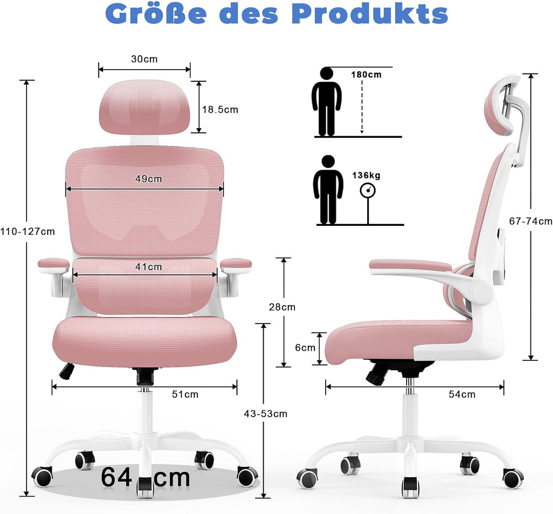 naspaluro Ergonomischer Bürostuhl: Schreibtischstuhl mit C-förmiger Lordosenstütze,Verstellbarer Kop