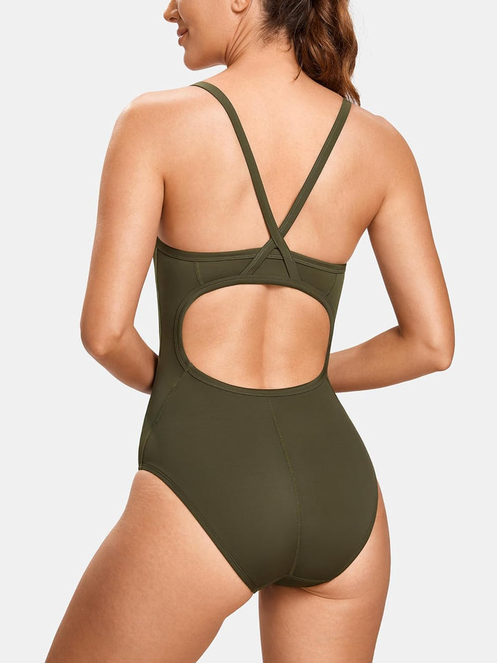 SYROKAN Damen Sport Badeanzug One Piece Trainings Profi Einteiler Bademode mit Cups, Dunkle Olive