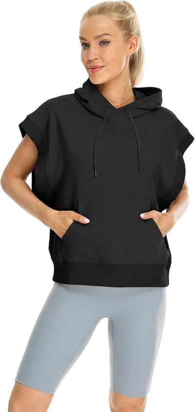 icyzone Damen Ärmellos Kapuzenpullover Fleece Hoodie Lose Sweatshirt mit Kangrootaschen M Schwarz, M