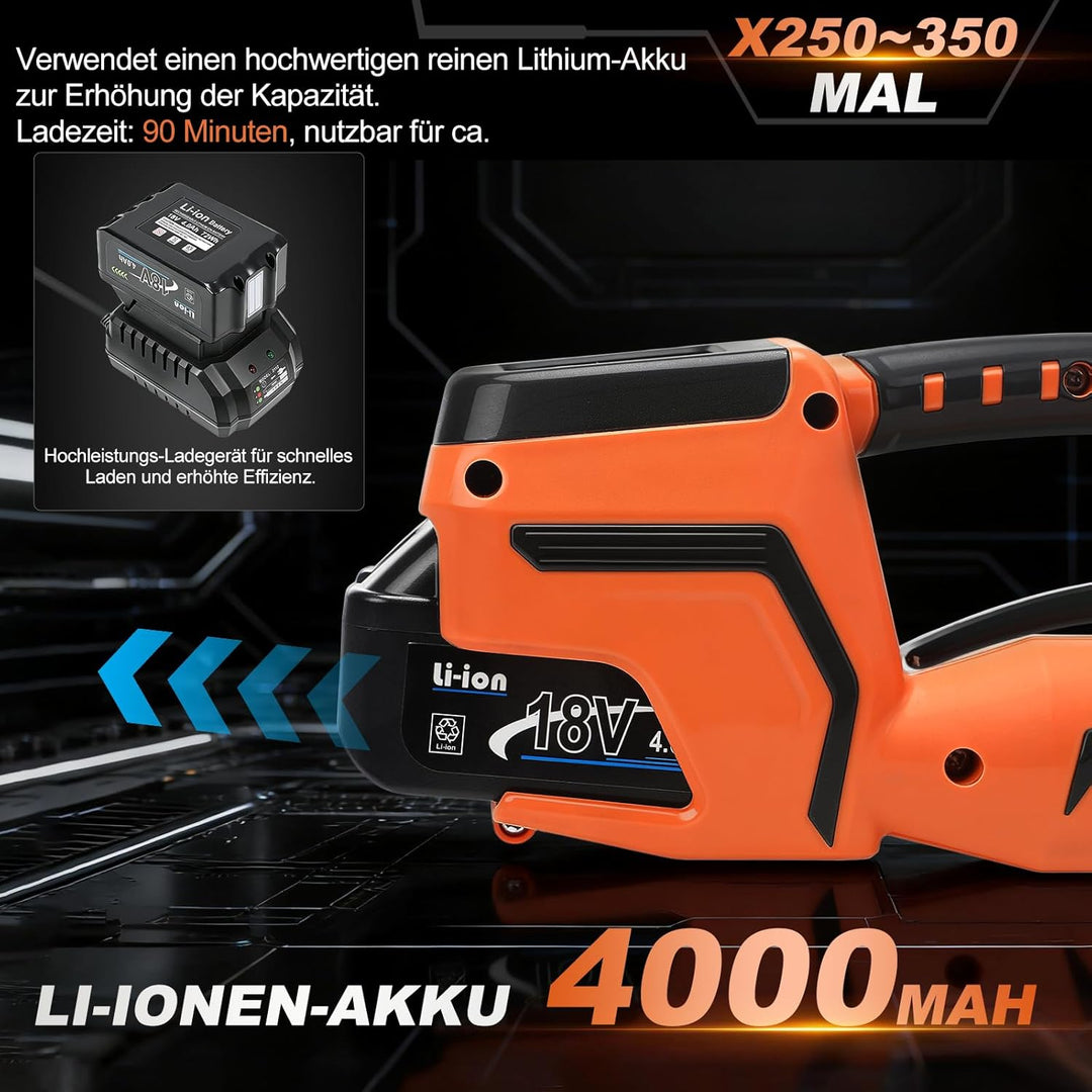 Umreifungsgerät Akku für 13-16 mm PP-/PET-Band mit Digitaldisplay, 2 x 4000 mAh Akku, 900-3500N Elek