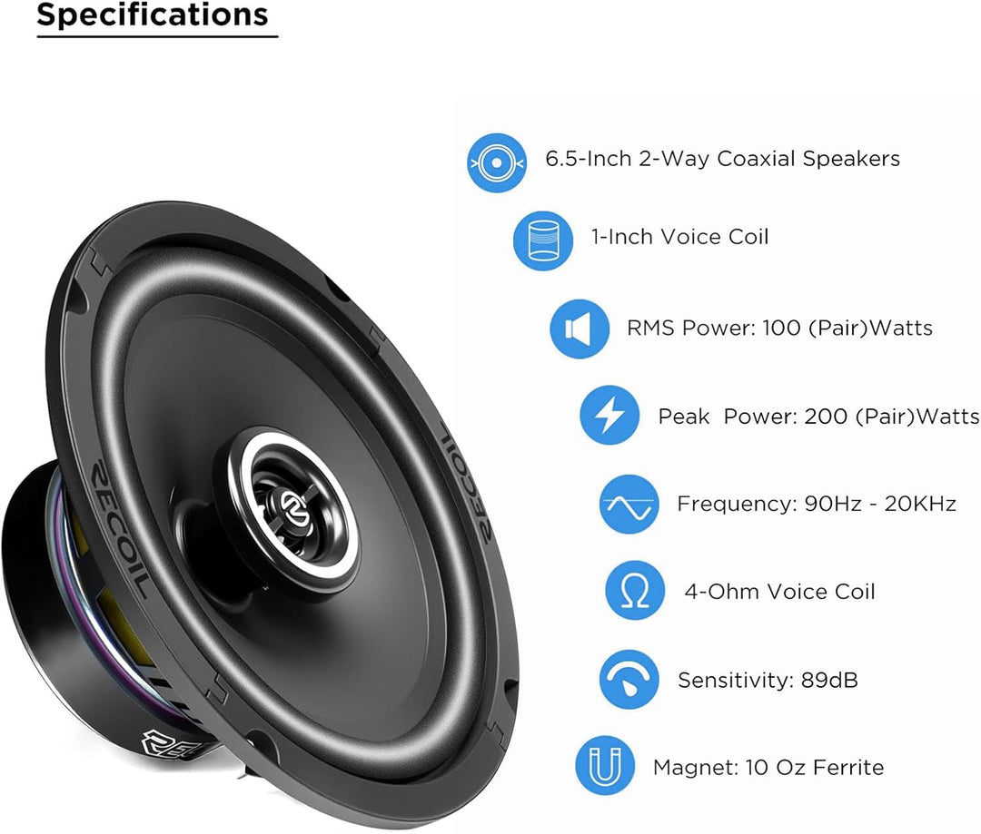 RECOIL RCX265 Echo Series 16,5 cm (6,5 Zoll) 2-Wege-Koaxiallautsprecher, 100 W RMS / 200 W Spitze, P