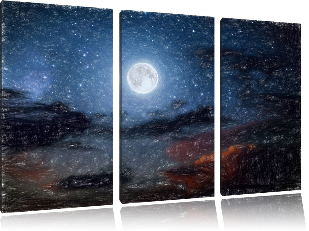Pixxprint Leuchtender Mond am Nachthimmel Kunst Buntstift Effekt 3-Teiler Leinwandbild 120x80 Bild a