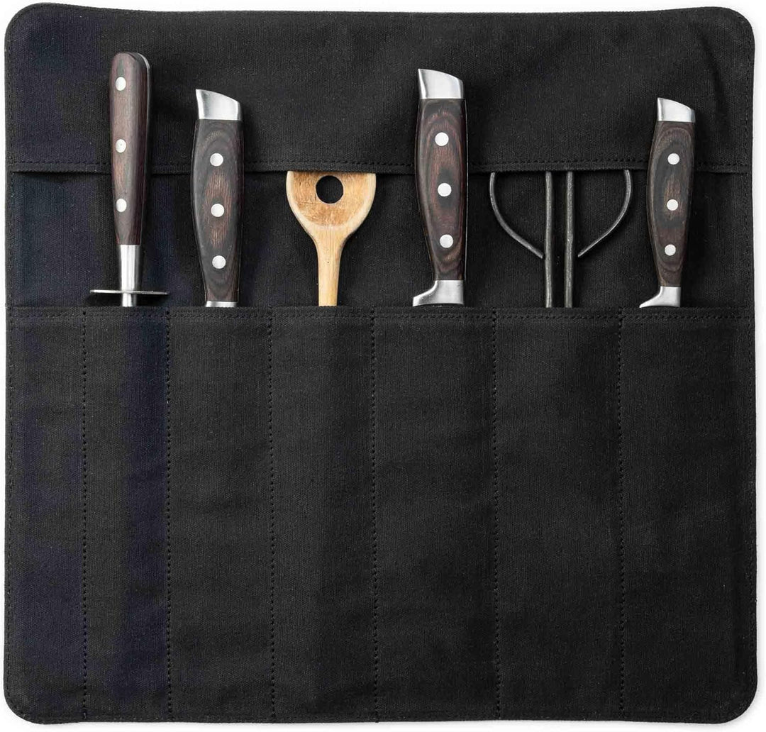 Angus Stoke Messertasche schwarz aus Büffelleder für Kochmesser, 7-Fach Messerrolltasche mit Extra-F