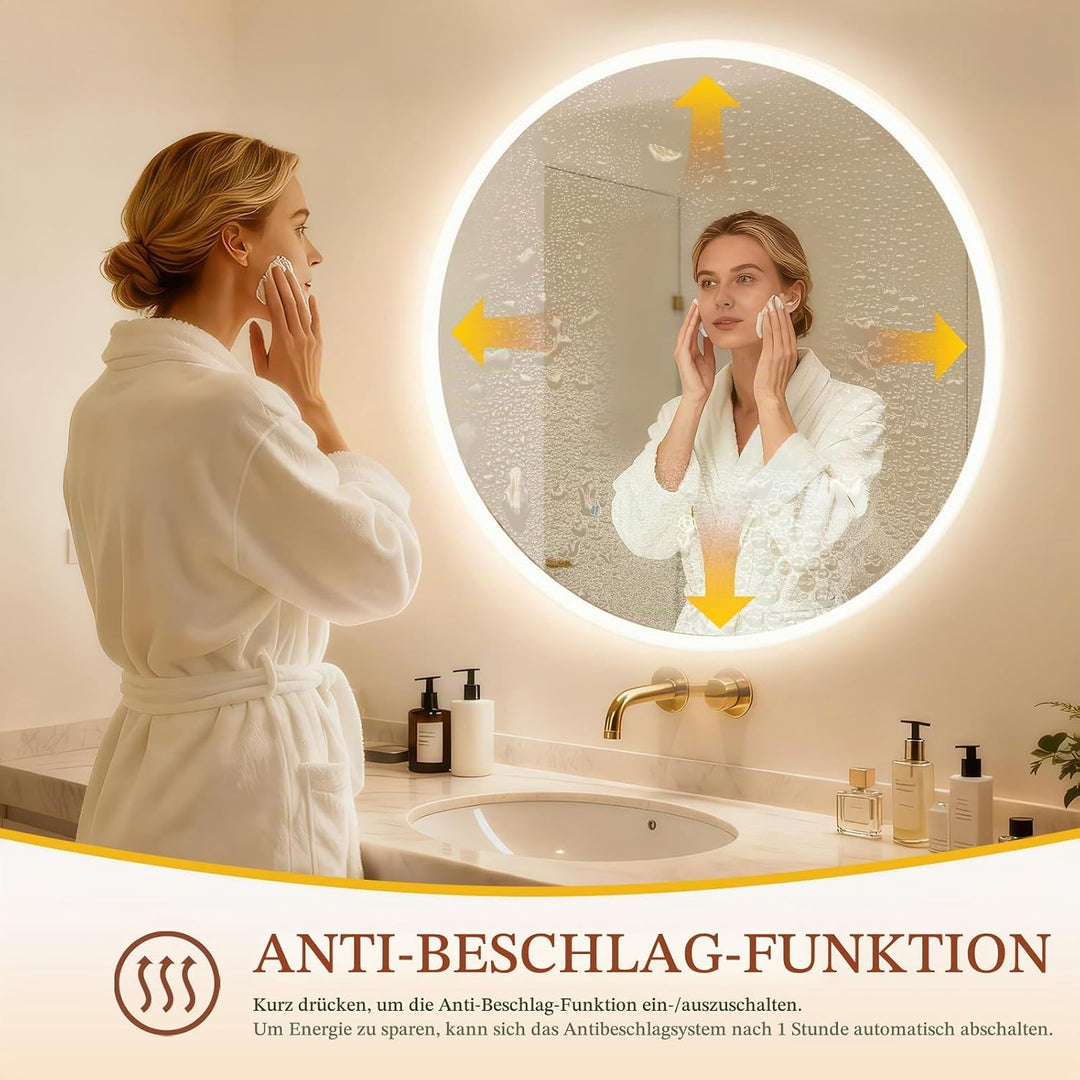 Clevich Badspiegel mit Beleuchtung rund 80 cm, LED Spiegel mit 3 Lichtfarben dimmbar, gehärtetes Gla