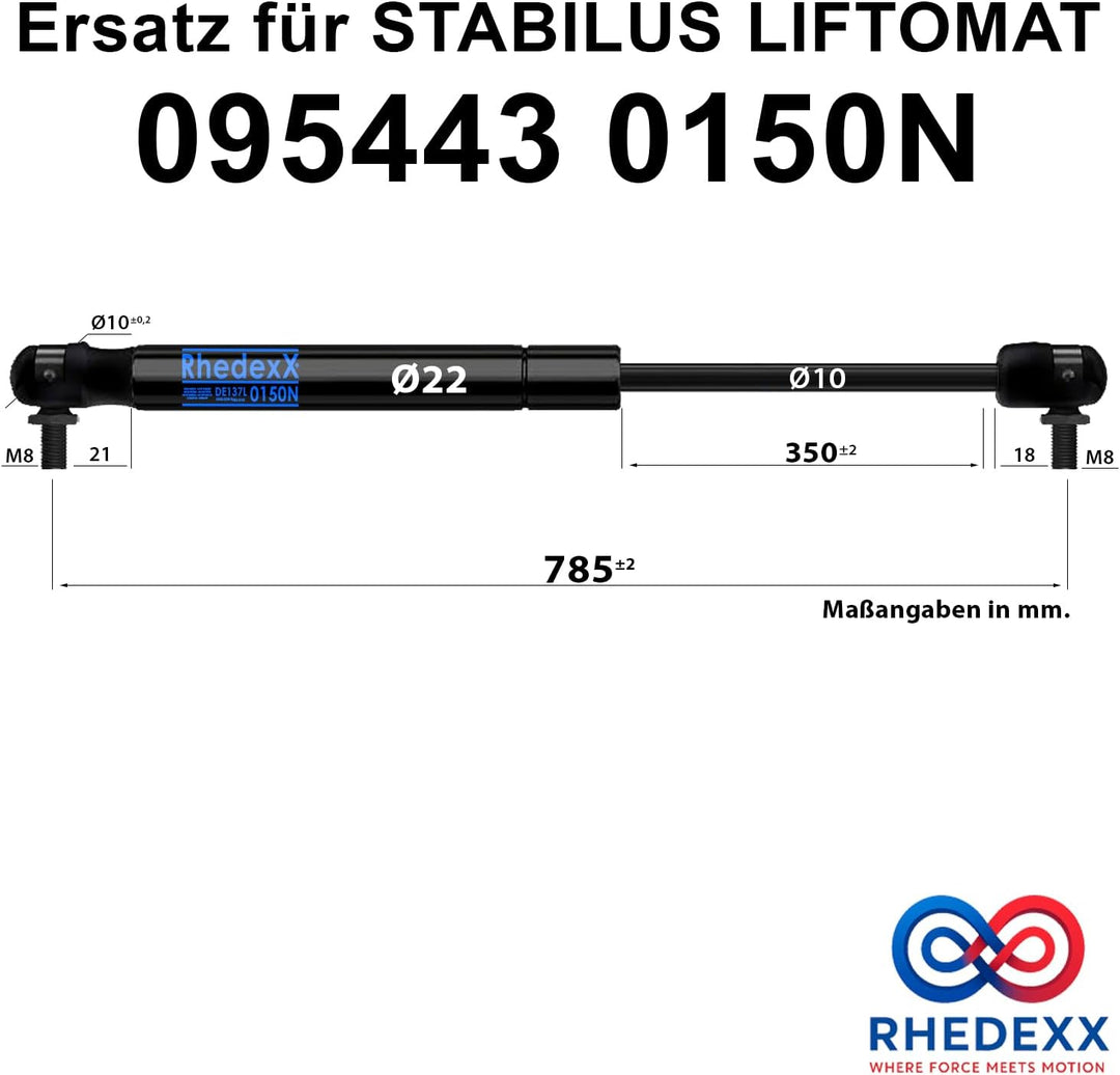 Gasdruckfeder Ersatz für Stabilus Lift-O-Mat 095443 0150N RhedexX® Gasdruckdämpfer mit M8 Winkelgele
