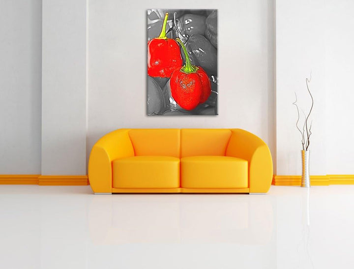 kleine scharfe Chilischoten schwarz/weiss Deluxe Format: 100x70 cm auf Leinwand, XXL riesige Bilder