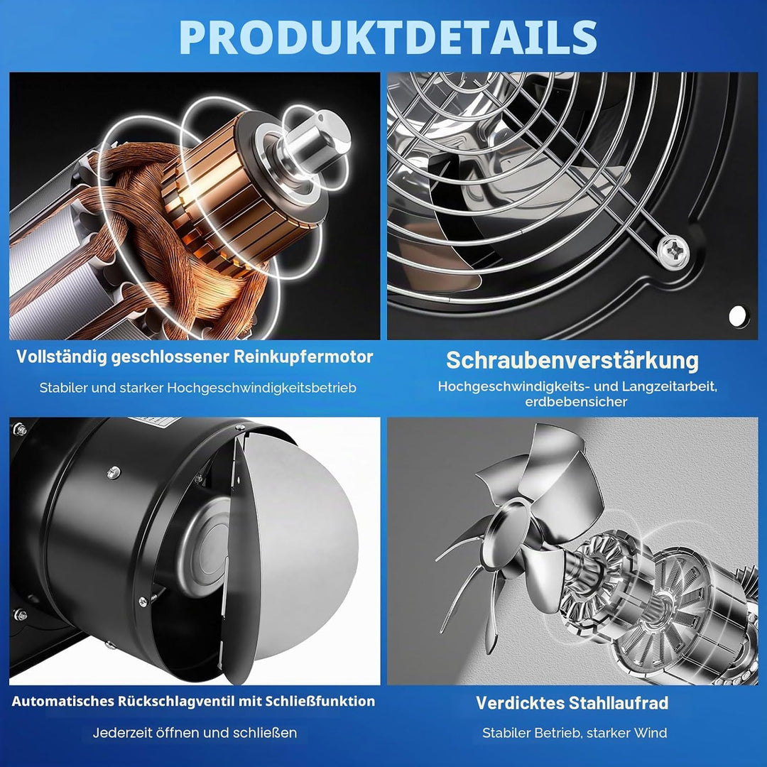 150mm Abluftventilator 600m³/h, badlüfter 150mm mit Rücklaufklappe, Rauchabzug Wandventilator Abluft