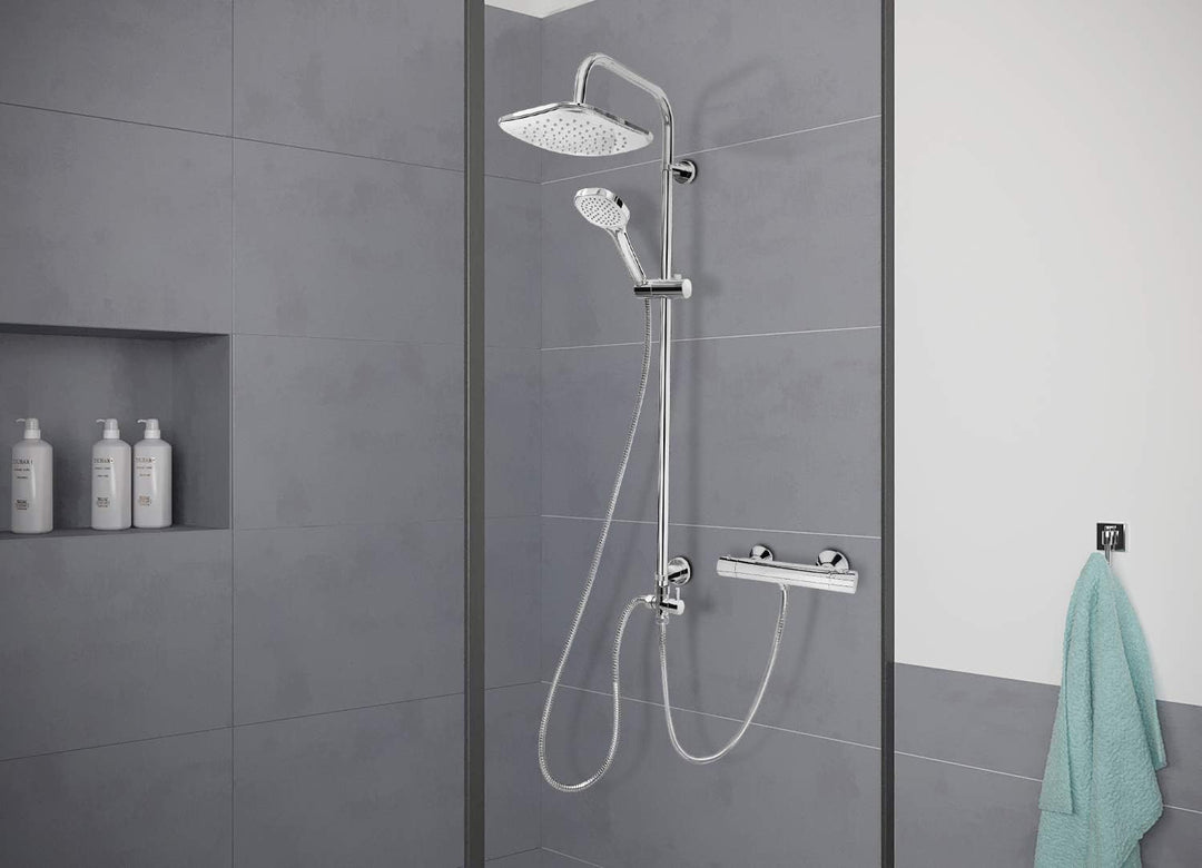 Cornat Duschsystem "Square Neo" - verchromt - Eckige Kopfbrause & Handbrause mit 1 Strahlart - Anti-