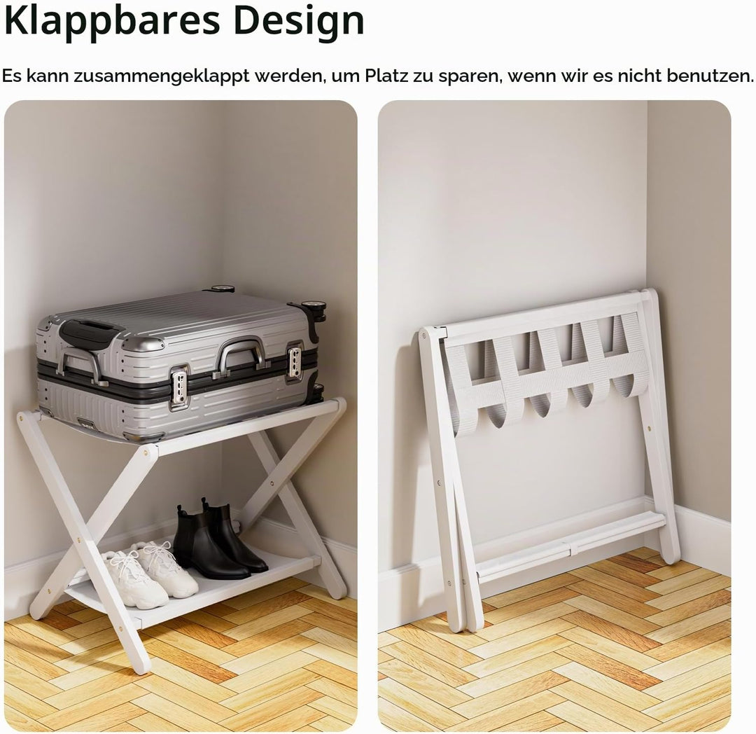 HITNET Kofferständer Klappbar 2er pack, Weiss Gepäckablage Faltbar aus Bambus für Gästezimmer, Koffe