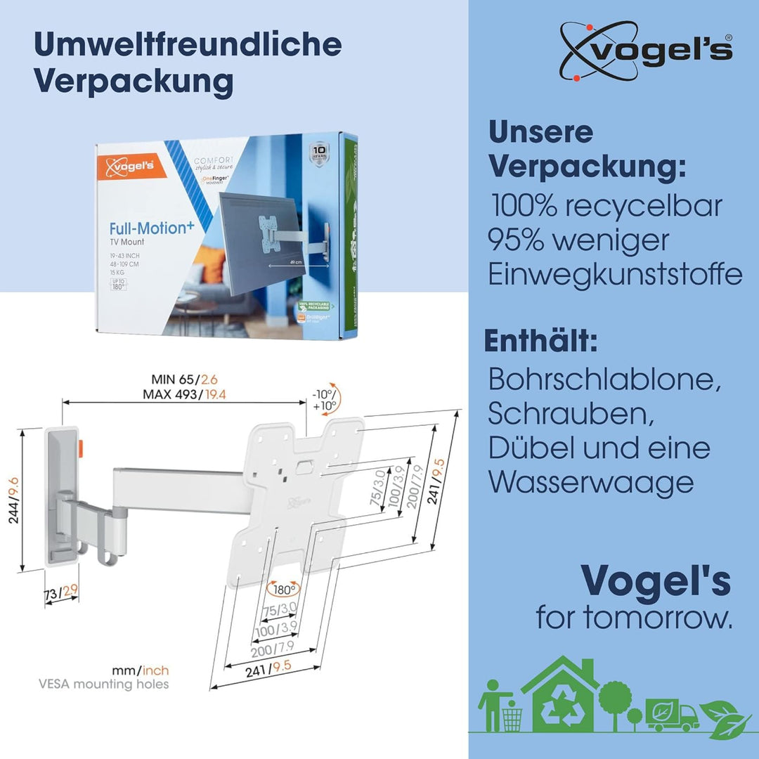 Vogel's Comfort TVM 3245 Hochwertige Schwenkbare TV-Wandhalterung für 19-43 Zoll Fernseher | Bis 15