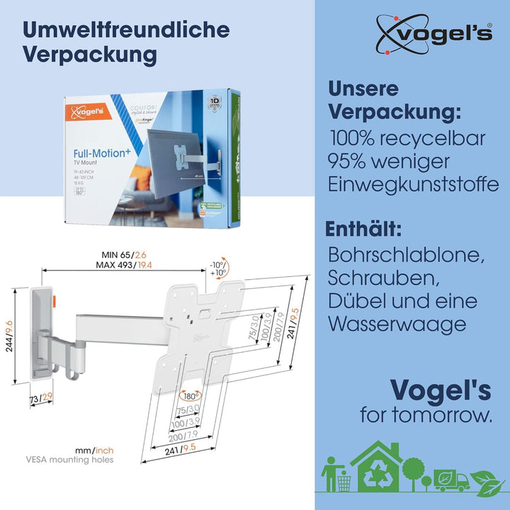 Vogel's Comfort TVM 3245 Hochwertige Schwenkbare TV-Wandhalterung für 19-43 Zoll Fernseher | Bis 15