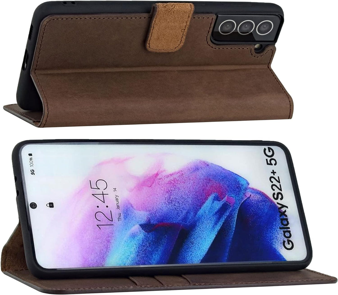 Suncase Book-Style Hülle kompatibel mit Samsung Galaxy S22 Plus 5G Leder Tasche (Slim-Fit) Lederhüll