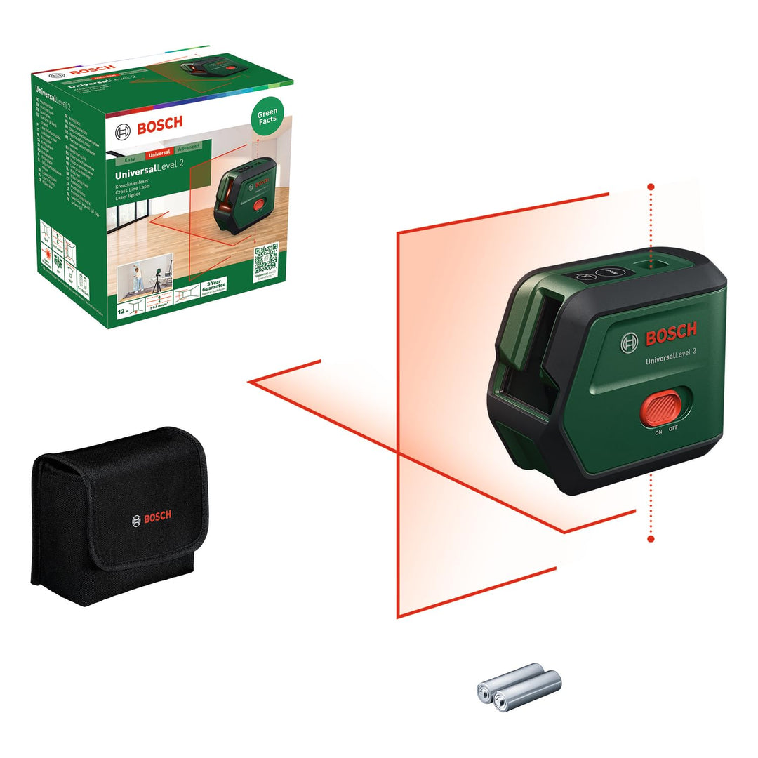 Bosch Kreuzlinienlaser UniversalLevel 2 (Laserkreuz inkl. integrierter Lotpunkte für präzises Ausric