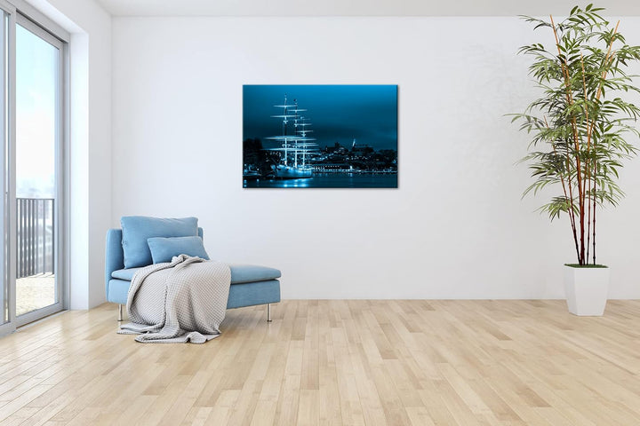 deyoli Segelboote im Hafen von Stockholm Format 80x60 Effekt: Monocrome Blau als Leinwandbild, Motiv