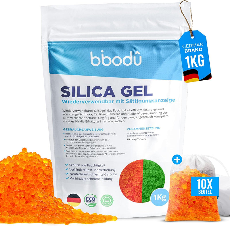 BIBODU Silica Gel Orange 1KG | Silikat Trockenmittel Ungiftig | Silica Kugeln Wiederverwendbar mit S