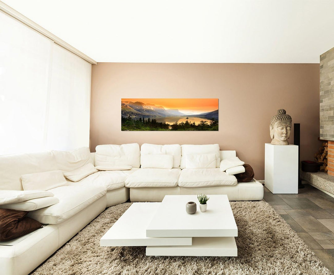 Wandbild auf Leinwand als Panorama in 150x50cm Nationalpark Bergsee Berge Wald Abendlicht