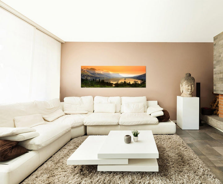 Wandbild auf Leinwand als Panorama in 150x50cm Nationalpark Bergsee Berge Wald Abendlicht
