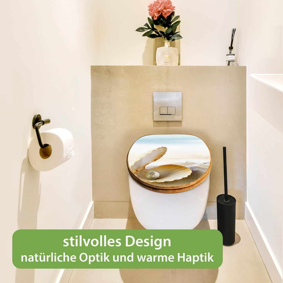 banjado® Design WC Sitz Bambus Absenkautomatik mit Motiv Perlenmuschel/Toilettendeckel mit Absenkaut